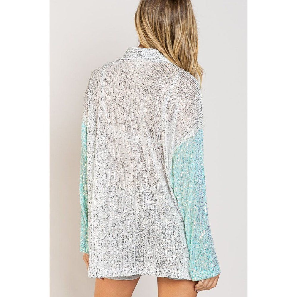 POL CLOTHING Sparkly Sequin Button Up Top White Aqua New Colorblock SMT2041 - Picture 5 of 8